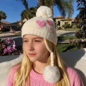 Nicole Miller Cream and Pink Heart Beanie